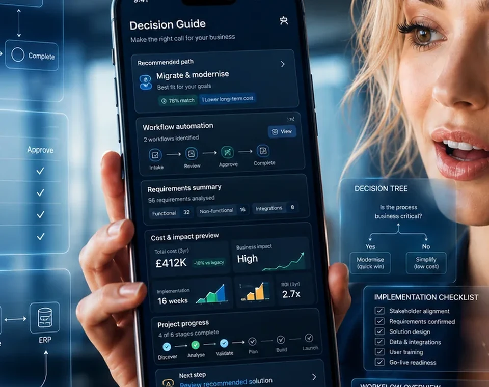 Close view of the business software decision guide interface and workflow analysis